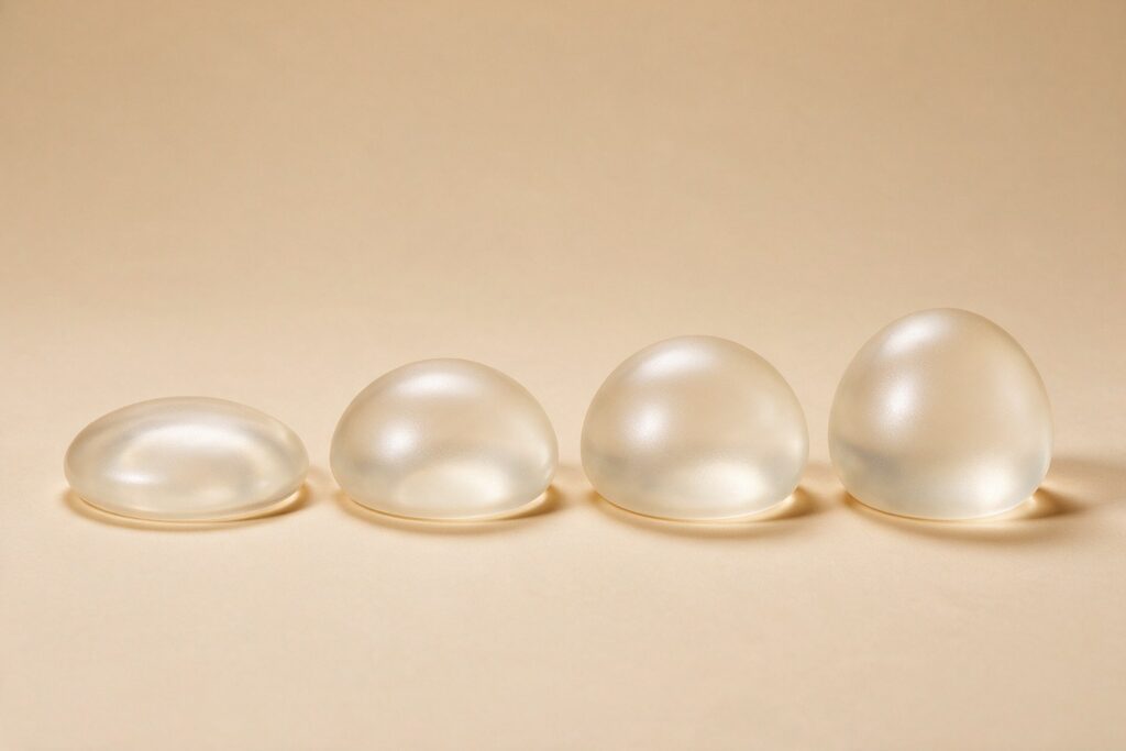 Four round silicone breast implants of the same width and increasing projection in a row, from low profile to ultra-high profile