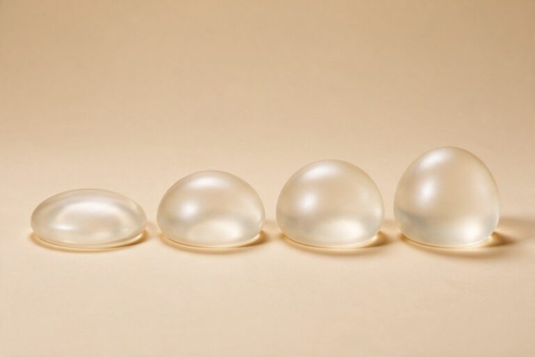 Four round silicone breast implants of the same width and increasing projection in a row, from low profile to ultra-high profile