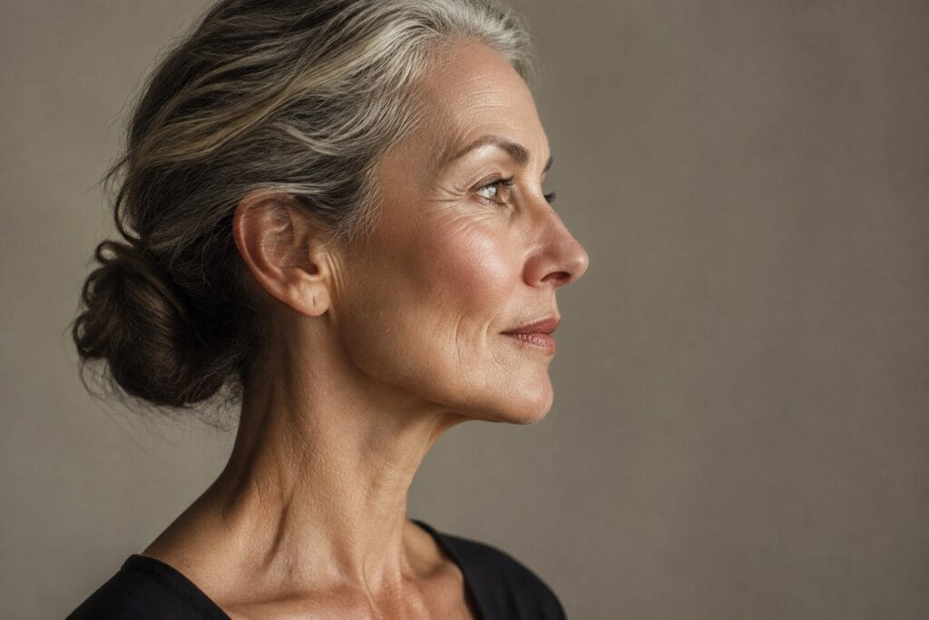 Mature woman's face in soft side light, deep plane versus SMAS facelift