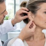 Surgeon examining the earlobe and jawline before a facelift revision