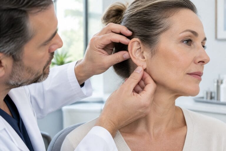 Surgeon examining the earlobe and jawline before a facelift revision