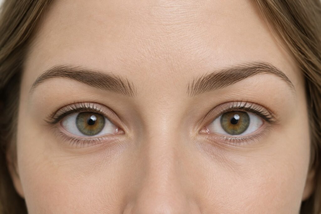 Primer plano de los ojos de una mujer con una ligera inclinación natural hacia arriba en los cantos externos, ilustrando la cirugía fox eye versus cat eye
