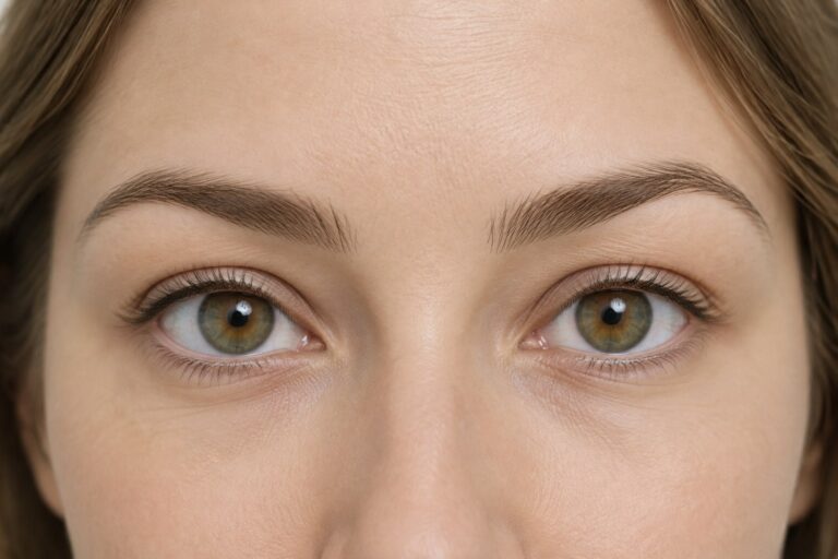 Primer plano de los ojos de una mujer con una ligera inclinación natural hacia arriba en los cantos externos, ilustrando la cirugía fox eye versus cat eye