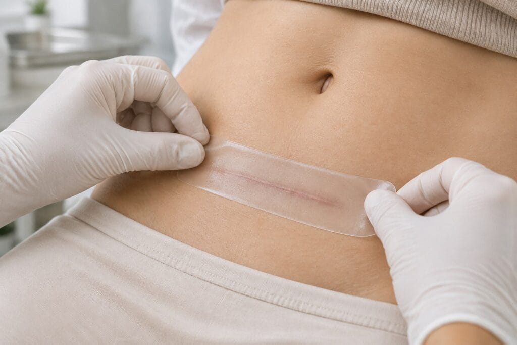 Silicone gel sheet on a healed surgical scar, scar care after plastic surgery