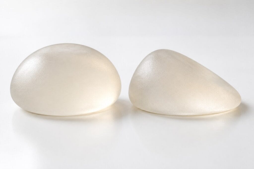 Round and teardrop-shaped silicone breast implants side by side, teardrop vs round implants