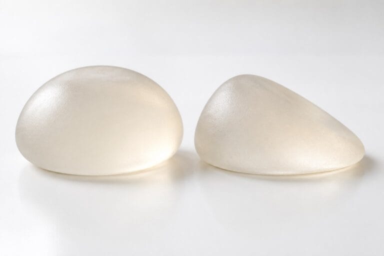 Round and teardrop-shaped silicone breast implants side by side, teardrop vs round implants