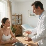 Plastic surgeon showing breast implant sizers to a patient during a tubular breast consultation
