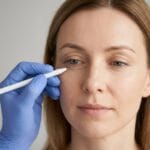 Surgeon marking the lower eyelid of a woman with under-eye bags before blepharoplasty